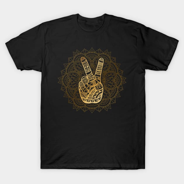 Hippie, Boho Golden Peace Sign, Mandala T-Shirt by Jitterfly